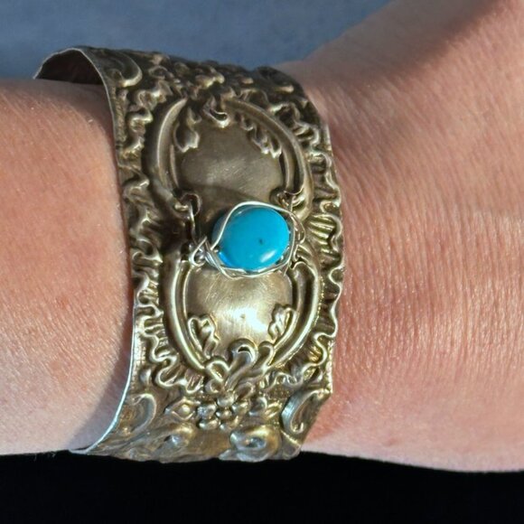 Antique Sterling Silver Cuff Bracelet Sleeping Beauty Turquoise 925 Victorian - Picture 12 of 12